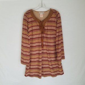 Flying Tomato Aztec Tribal Print Suede Trim Tunic Top Dress Womens Large